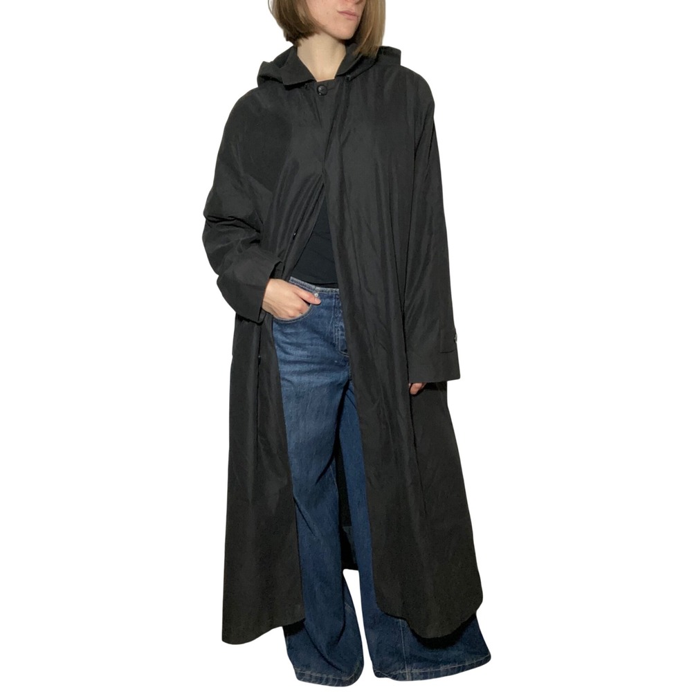 London Fog Minimalist Black Trench Coat Hooded Removable Lining Long - 16 REG